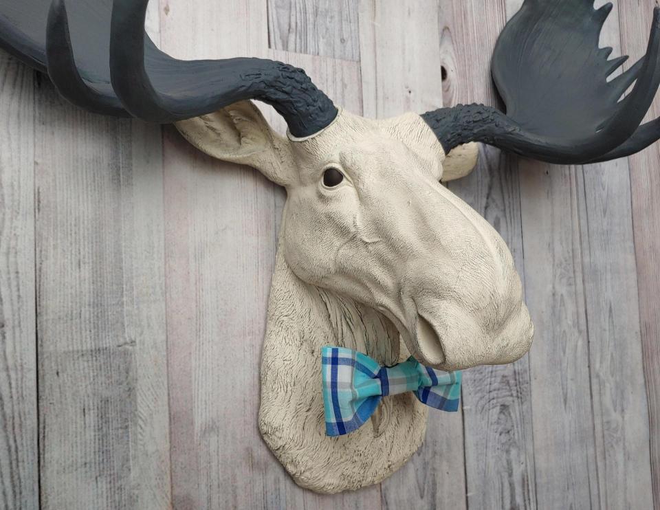 Antique white moose head with slate grey antlers and a blue plaid bow tie