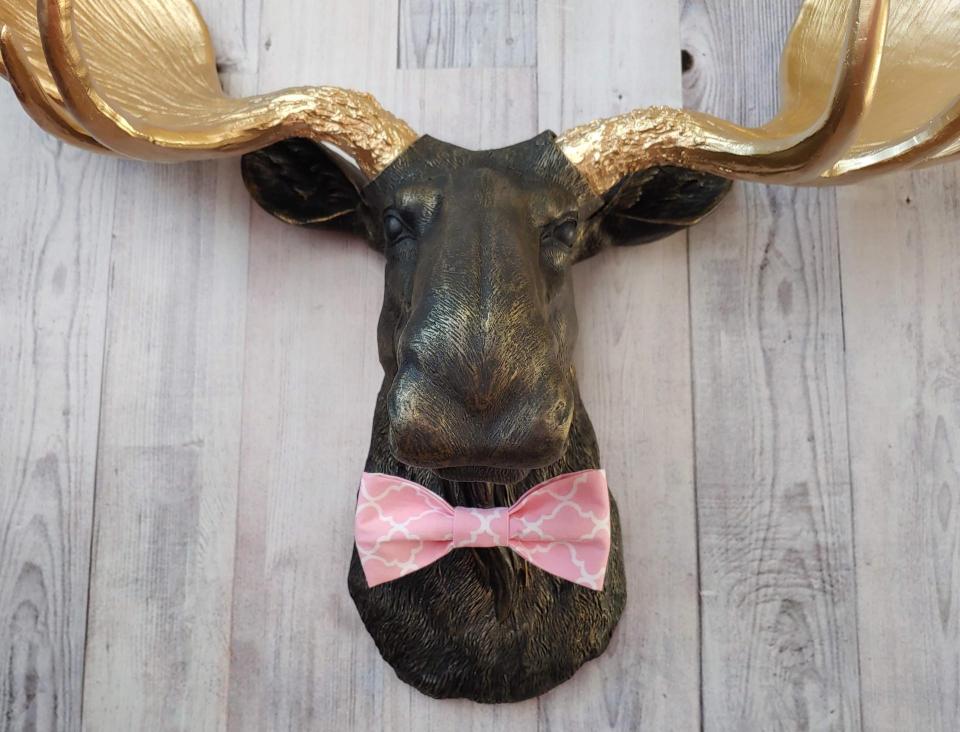 Faux taxidermy moose head, head is painted black with gold accents, antlers painted metallic gold, a pink quatrefoil bow tie accents the neck of the moose