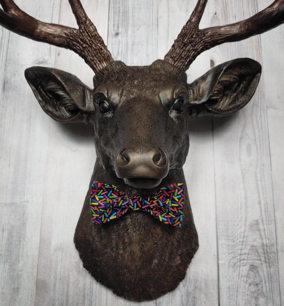 Faux taxidermy deer head, painted rubbed bronze with dark copper accenting on the head, antlers are dark copper. Removable bow tie, fabric is black with multi colored sprinkles.