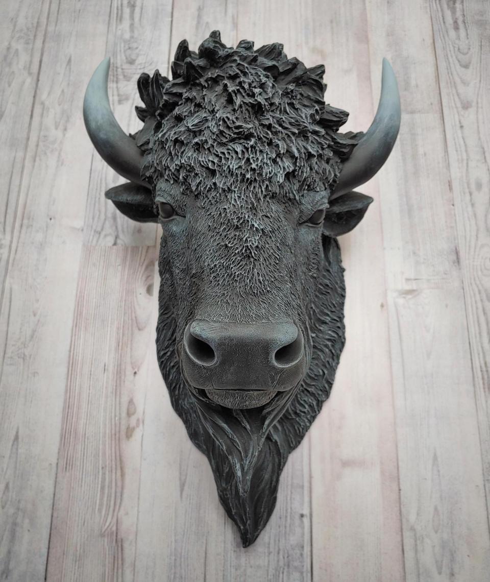 faux taxidermy bison, black with grey and white accents