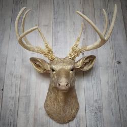Faux Taxidermy Deer Head, Gold Deer Head with Metal Floral and Leaf Work