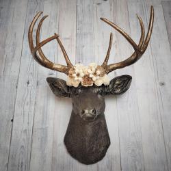 Dark brown and gold faux taxidermy deer head with sola floral crown