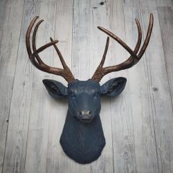 Faux Taxidermy Deer Head Wall Mount painted  midnight blue with dark copper accents and dark copper antlers.