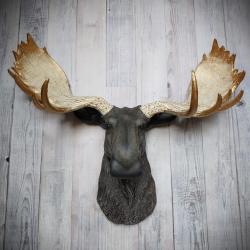 Faux Taxidermy Moose Head Wall Mount, Brown and Gold Moose Head