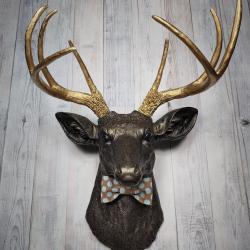 Faux Taxidermy Deer Head Wall Mount, Stag Head Wall Art with brown and blue polka dot Bow Tie