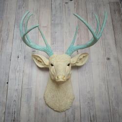 Faux taxidermy deer head, painted antique white with spa blue and gold accents. The antlers are spa blue with gold accents.