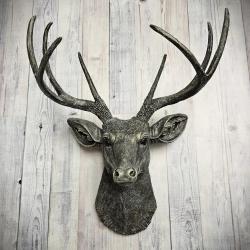 Faux taxidermy deer head, painted chestnut brown with antique white and gold accents. The antlers have been painted the same way.
