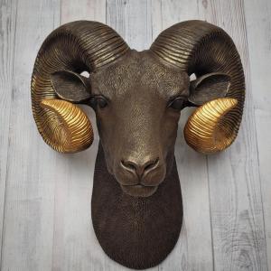 Faux taxidermy ram head, painted brown with gold tipped horns that are graduated in color.