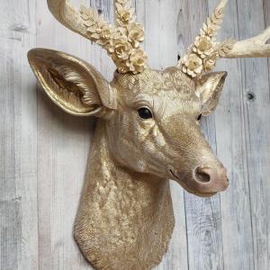 Faux Taxidermy Deer Head, Gold Deer Head with Metal Floral and Leaf Work