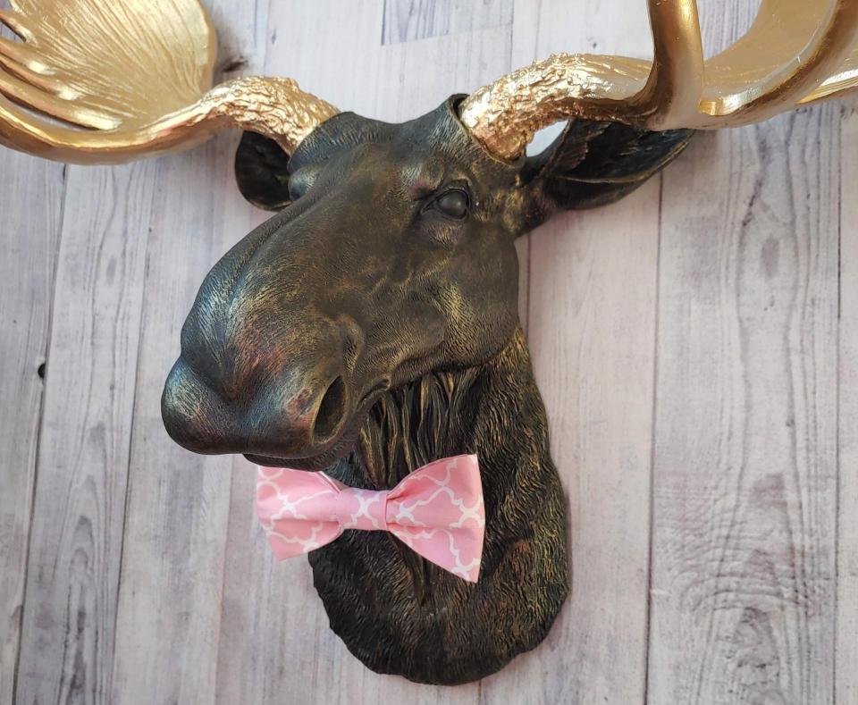 Faux taxidermy moose head, head is painted black with gold accents, antlers painted metallic gold, a pink quatrefoil bow tie accents the neck of the moose