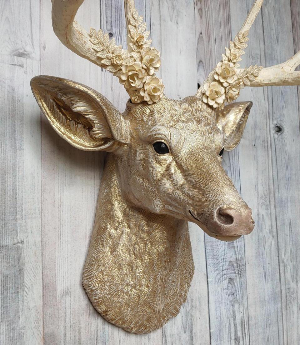 Faux Taxidermy Deer Head, Gold Deer Head with Metal Floral and Leaf Work