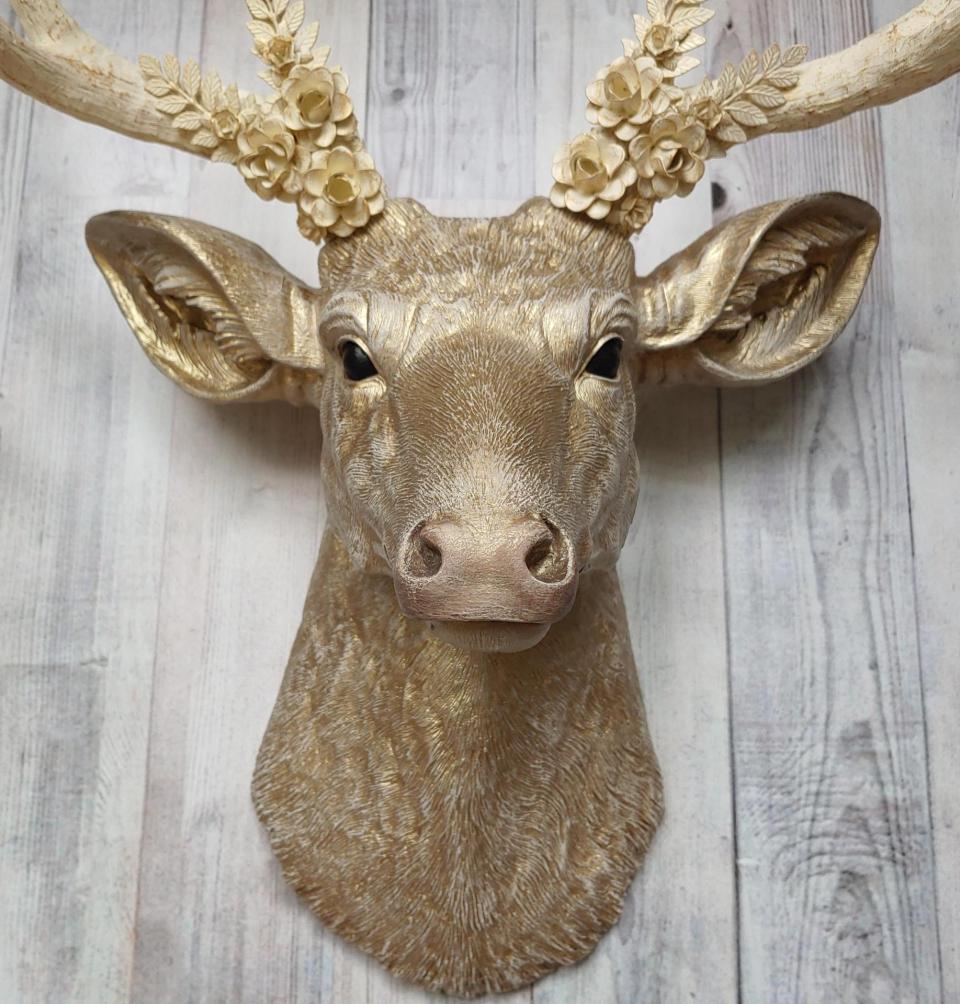 Faux Taxidermy Deer Head, Gold Deer Head with Metal Floral and Leaf Work